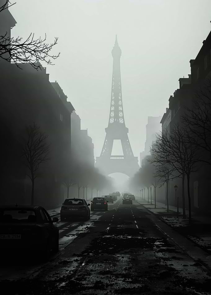 Eiffel Tower in Foggy Paris Street