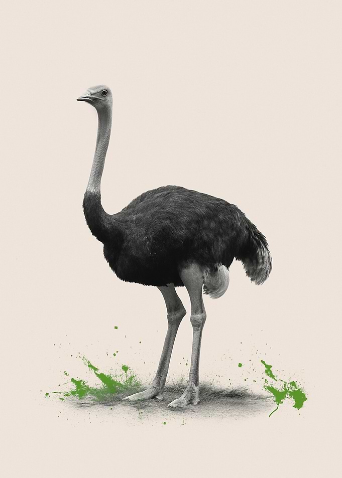 Monochrome Ostrich with Green Splatters