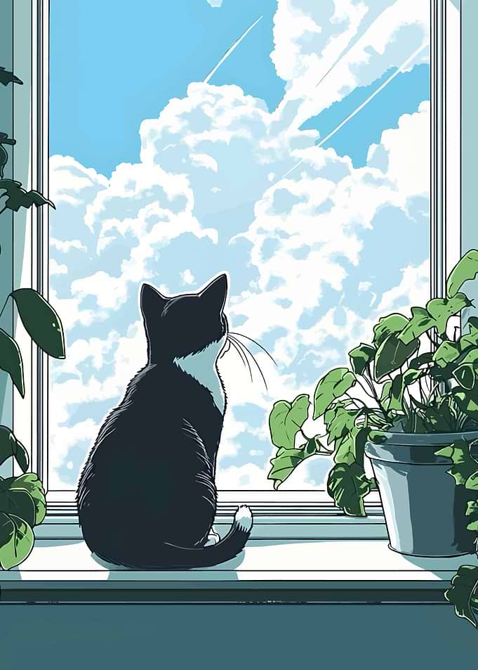 Cat Looking Out Window Illustration