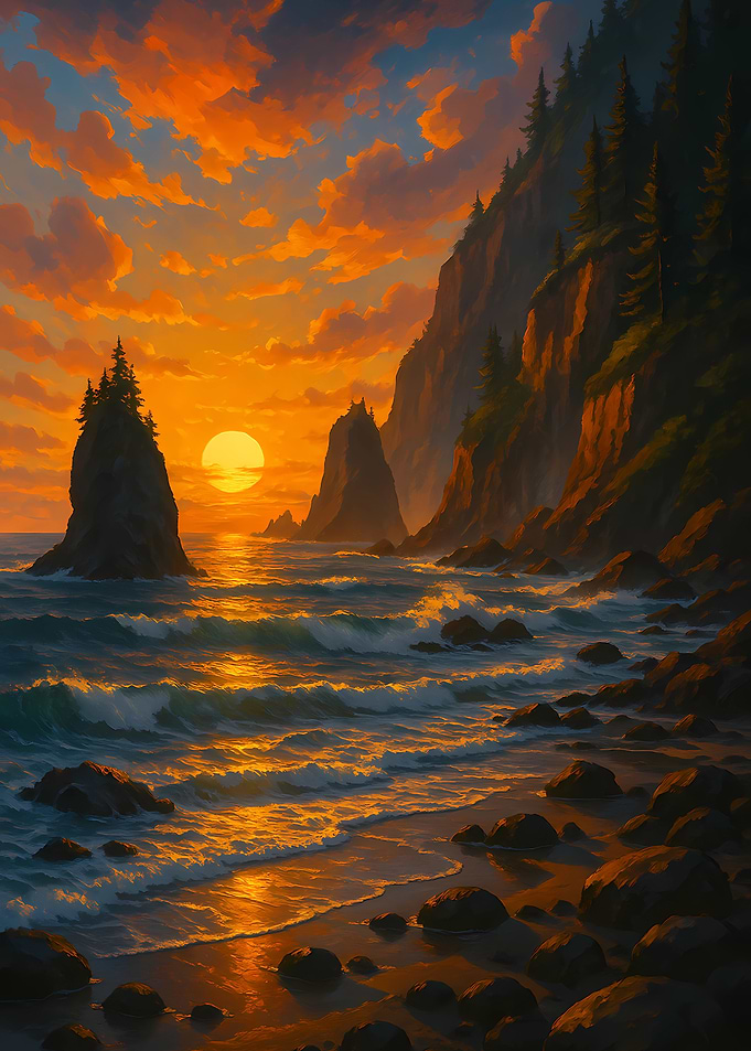Coastal Sunset with Cliffs and Waves