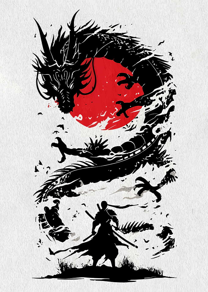 Dragon and Warrior Silhouette Art
