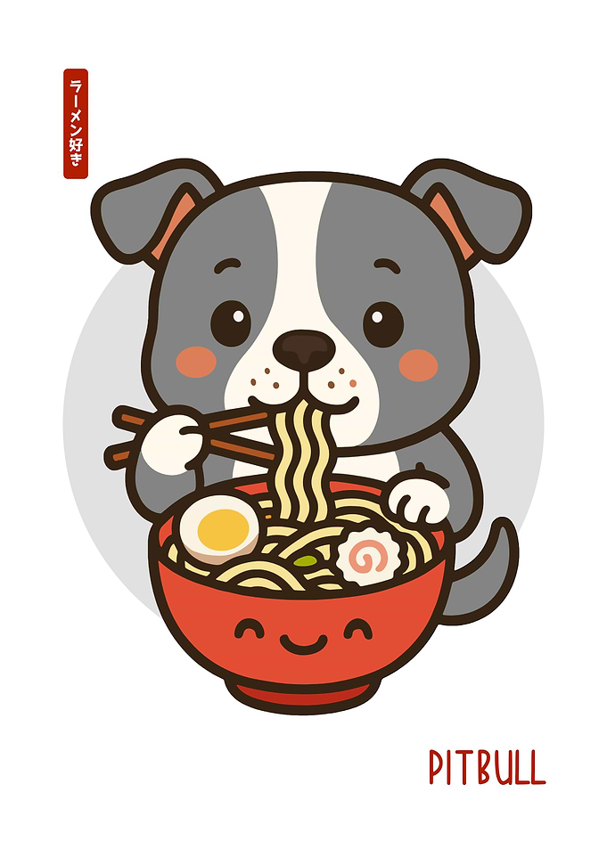 Cute Kawaii Pitbull Eating Ramen Cartoon Illustration