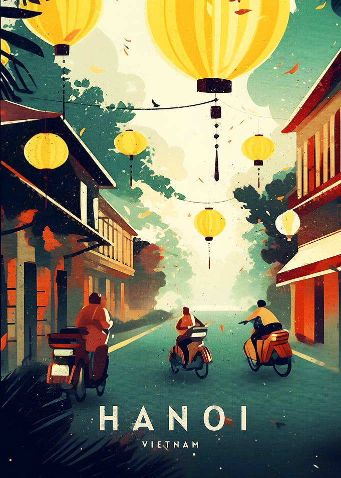 Hanoi, Vietnam street scene with lanterns
