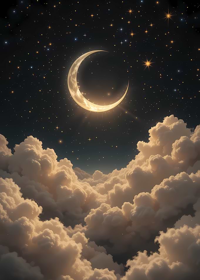 Crescent Moon Above Clouds at Night