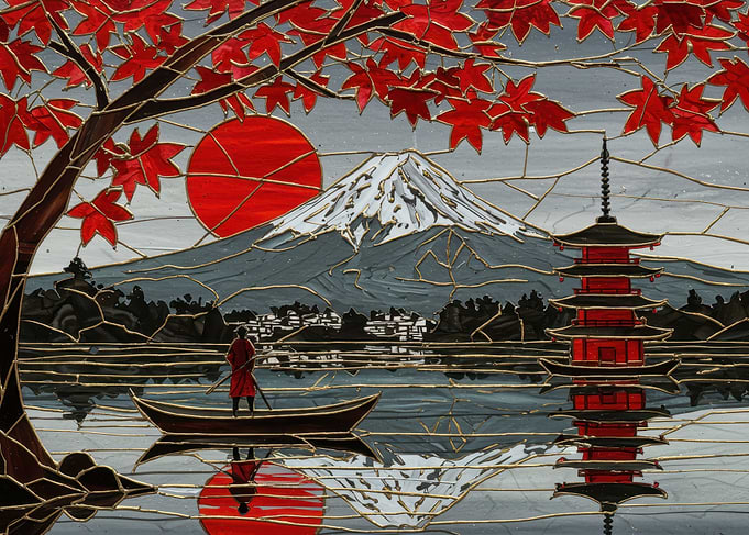 Japanese Landscape Stained Glass Art