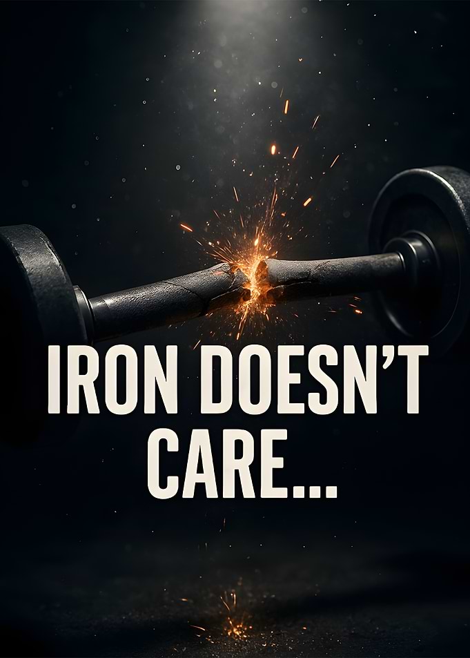 Broken Barbell with 'Iron Doesn't Care'