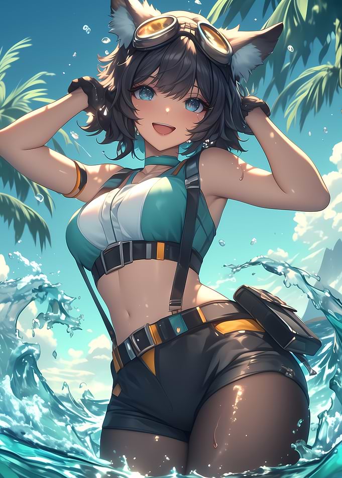 Anime Girl with Cat Ears in Water