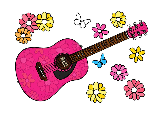 Floral Acoustic Guitar with Flowers and Butterflies