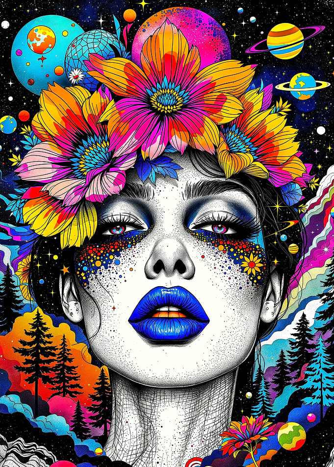 Psychedelic Woman with Floral Crown and Planets