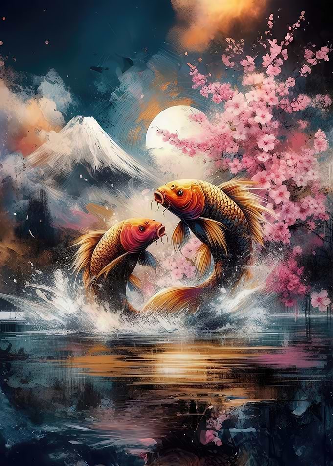 Koi Fish and Cherry Blossoms Painting