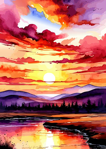 Watercolor Sunset Landscape