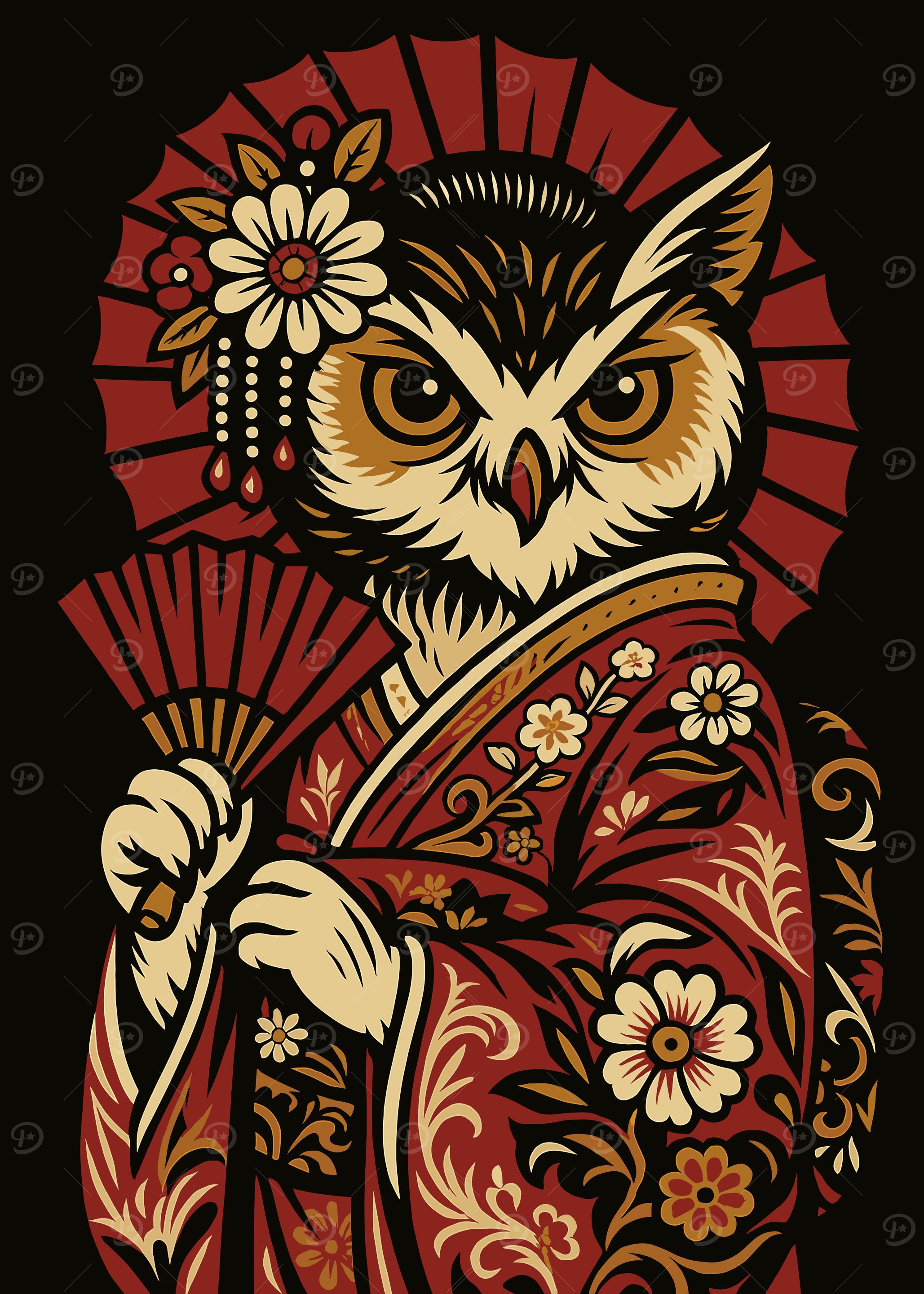 Owl Geisha with Fan and Kimono