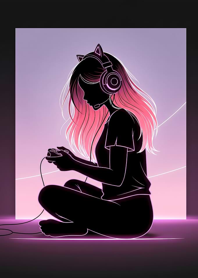 Minimalist Gamer Girl Silhouette Art – Cat Ear Headphones, Neon Pink and Purple Gaming Poster