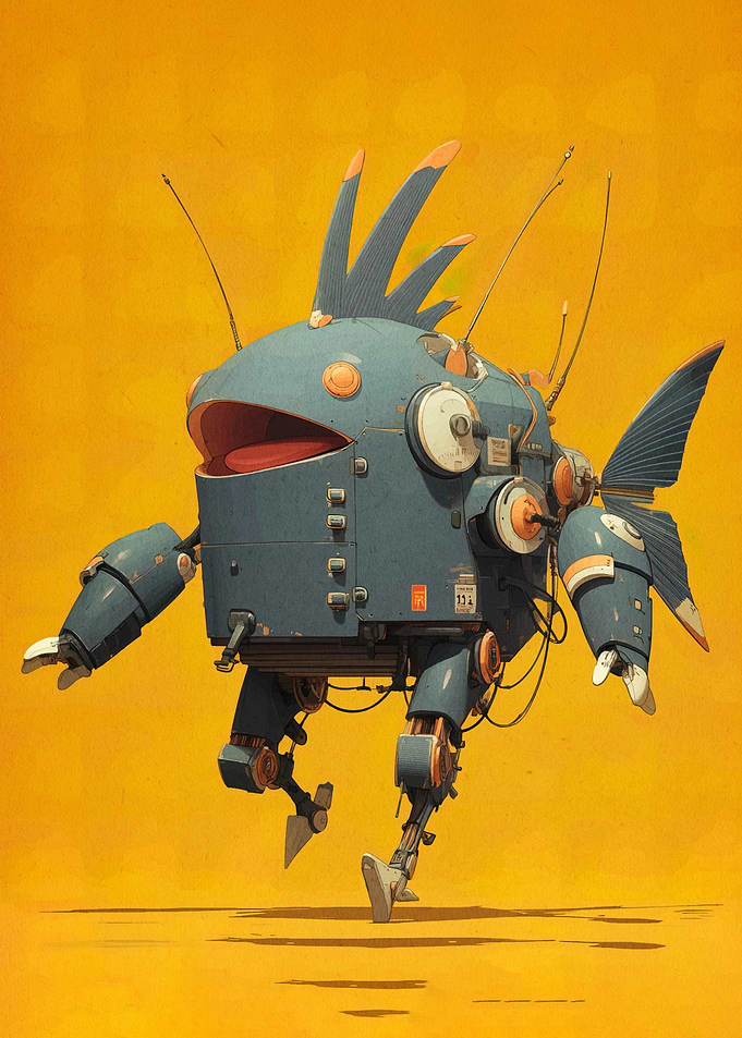 Mechanical Fish Robot on Yellow Background
