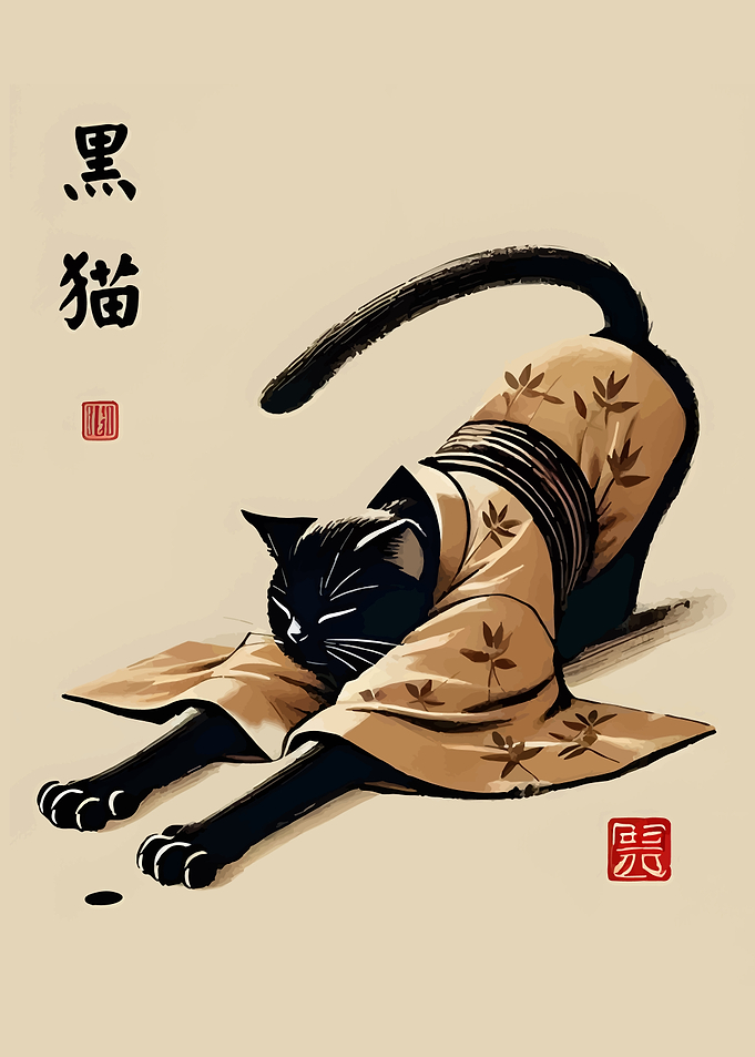 Black Cat Stretching in Kimono