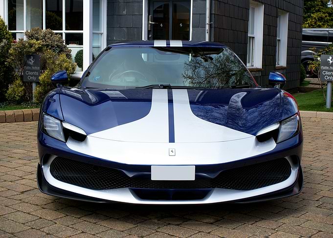 Blue and White Ferrari Front View