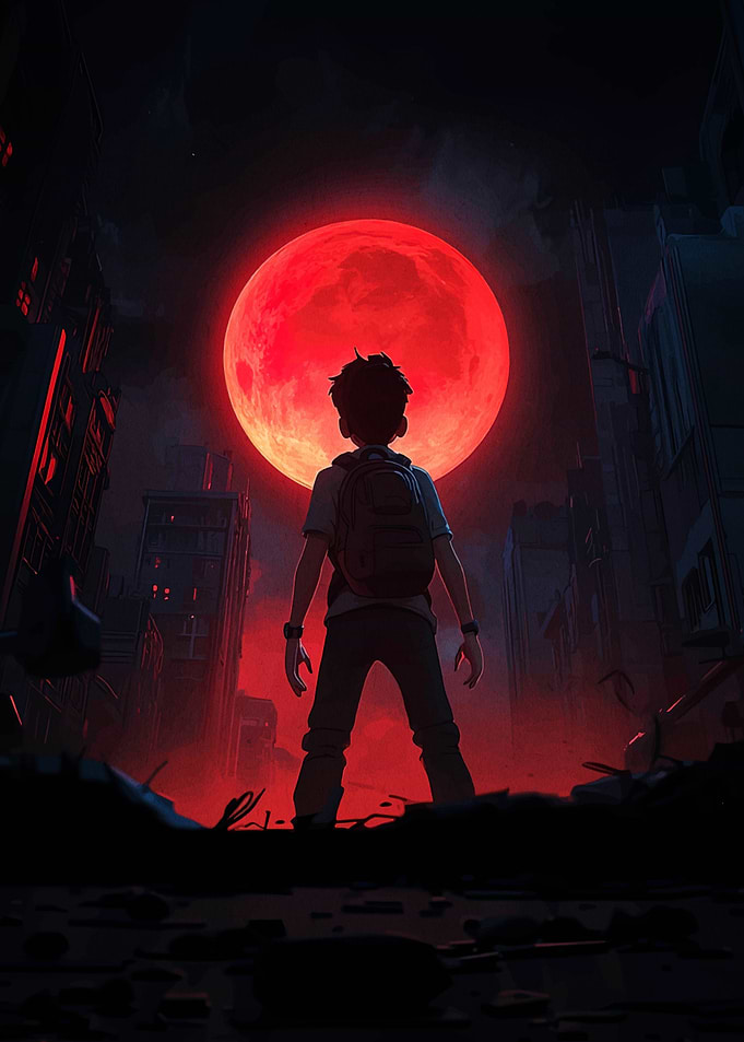 Boy under a red moon