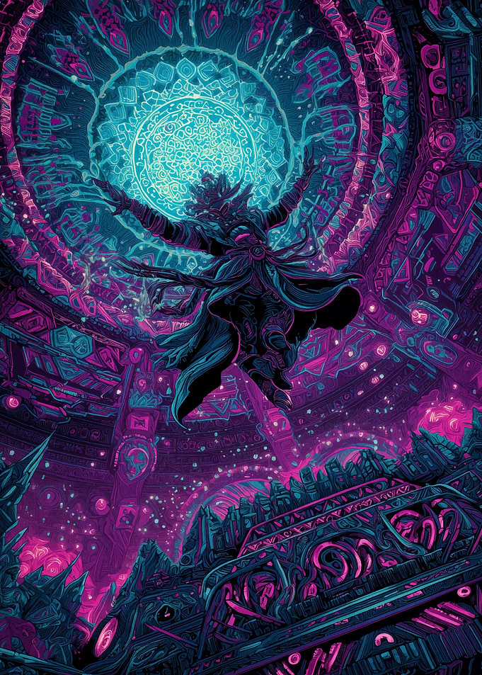 Mystical Figure in Cyberpunk Cityscape