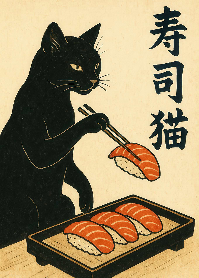 Black Feline Sushi Cat Picking Salmon Nigiri with Chopsticks