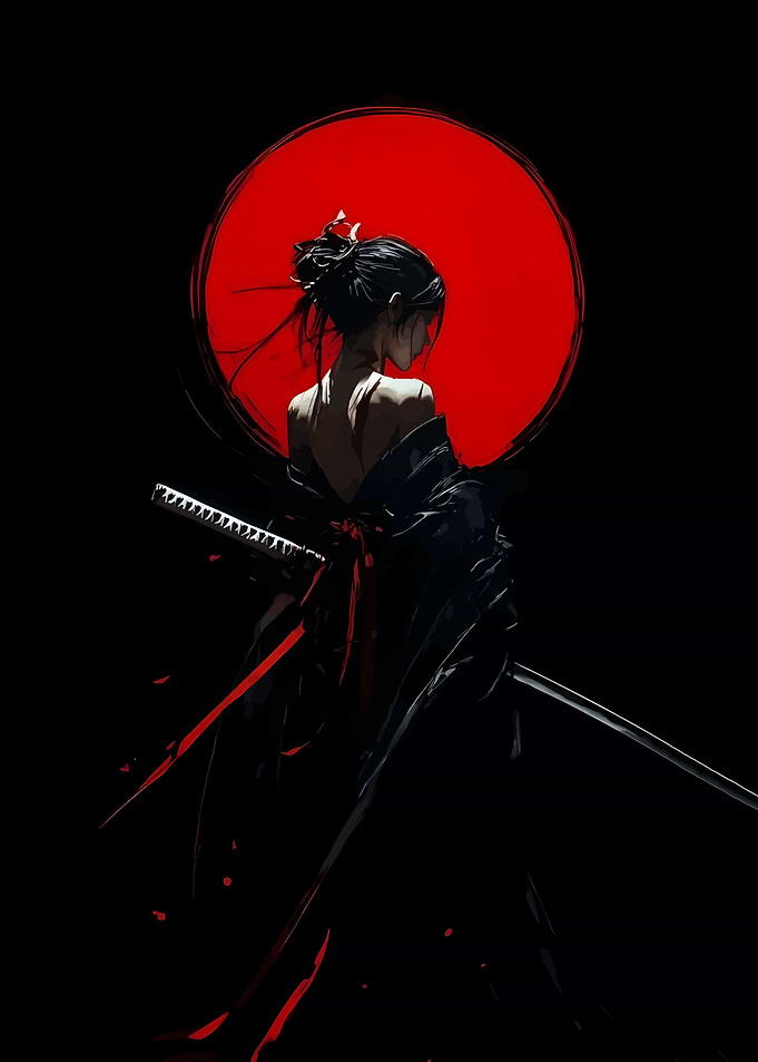 Samurai Woman with Red Moon