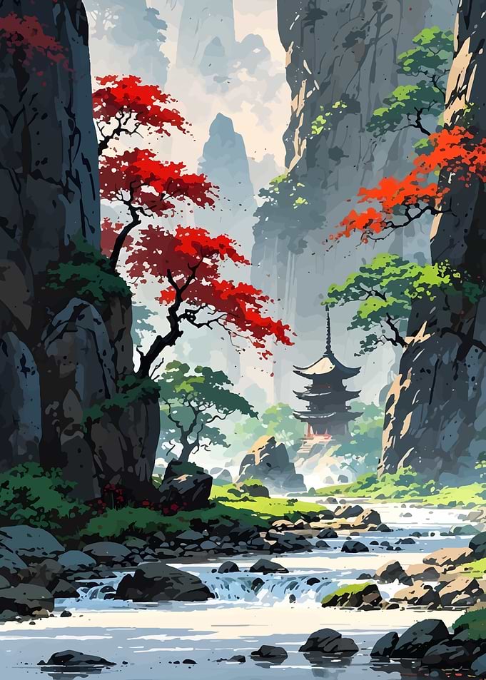 Japanese Landscape with Pagoda and River