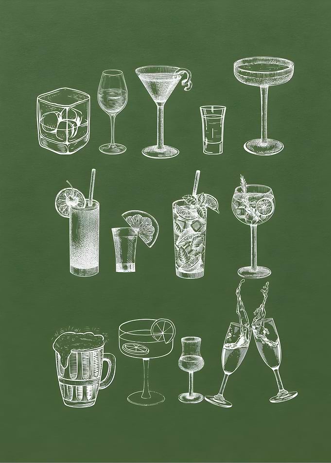 Cocktail Sketch Art on Green Background
