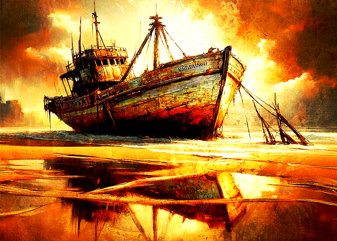 Old Shipwreck on Beach Painting
