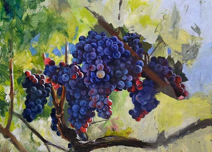 Oil Painting of Grapes on Vine