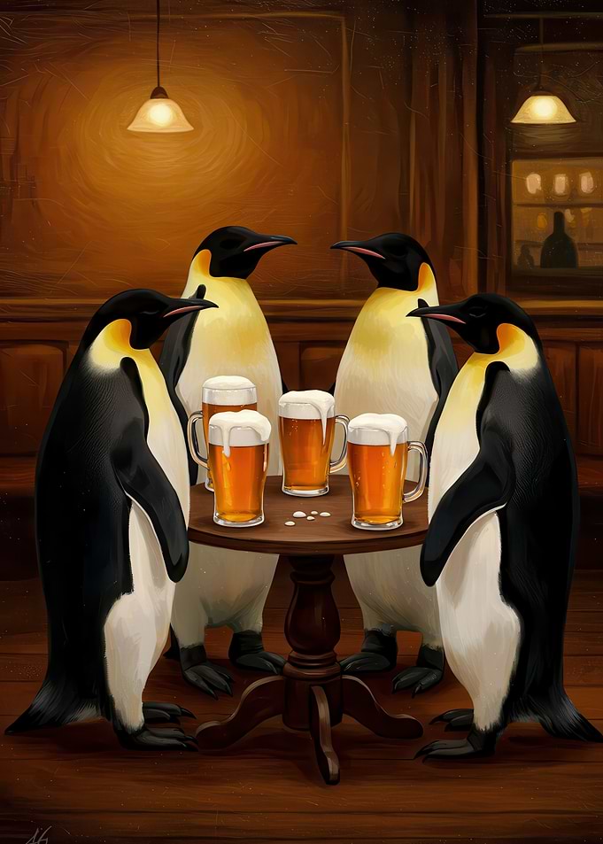 Penguins Drinking Beer at the Pub