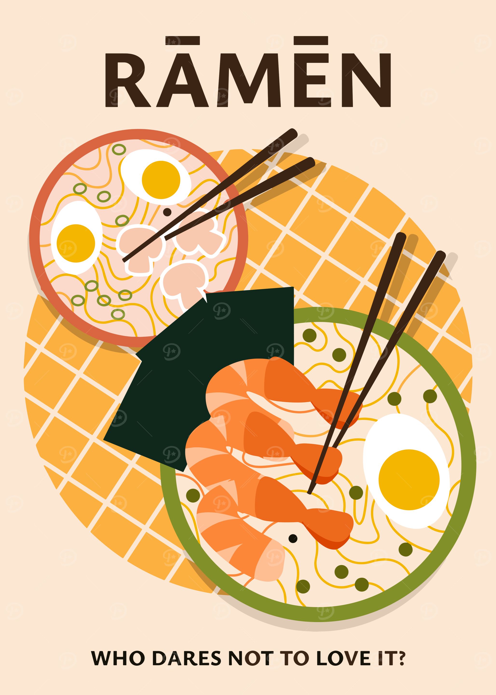 Ramen Illustration with Shrimp and Eggs