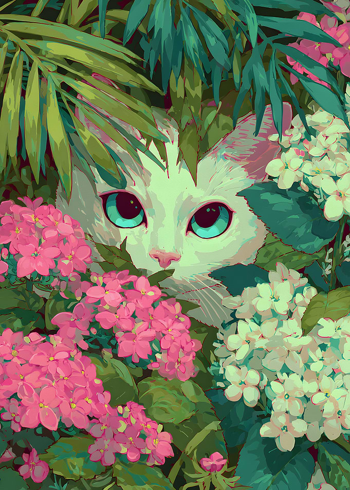 Cat Hidden in Flowers and Foliage