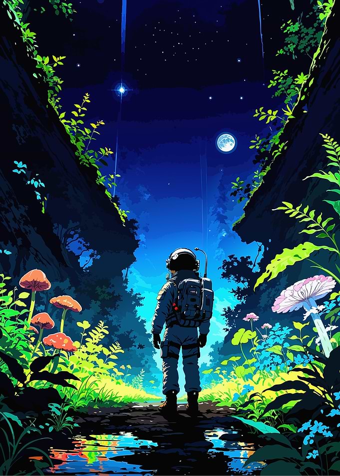 Astronaut in a bioluminescent forest
