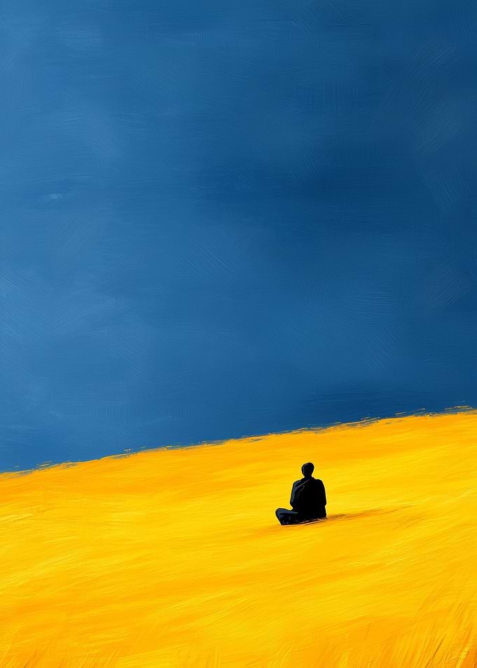Figure in yellow field, blue sky