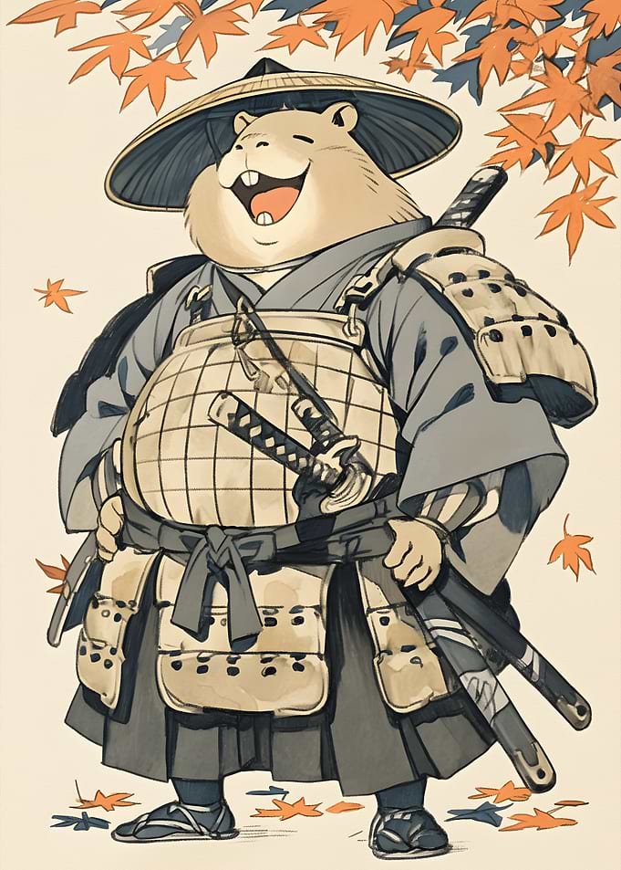 Capybara Samurai with Autumn Leaves