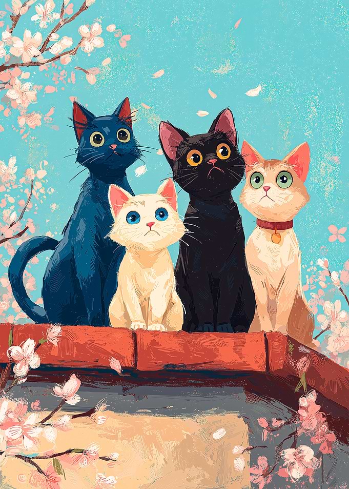 Four Cats Under Cherry Blossoms