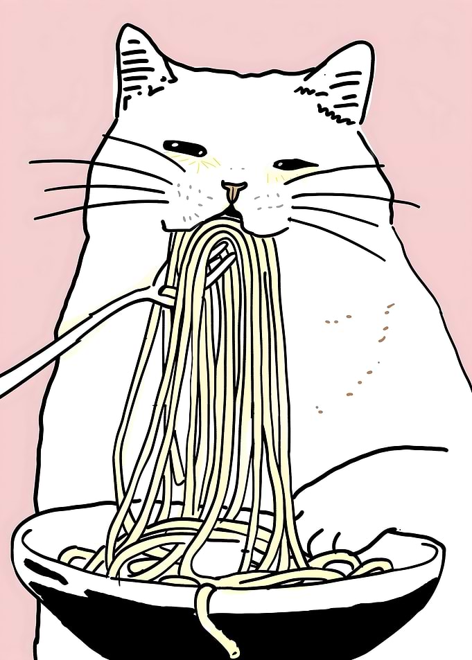 Cat eating spaghetti illustration