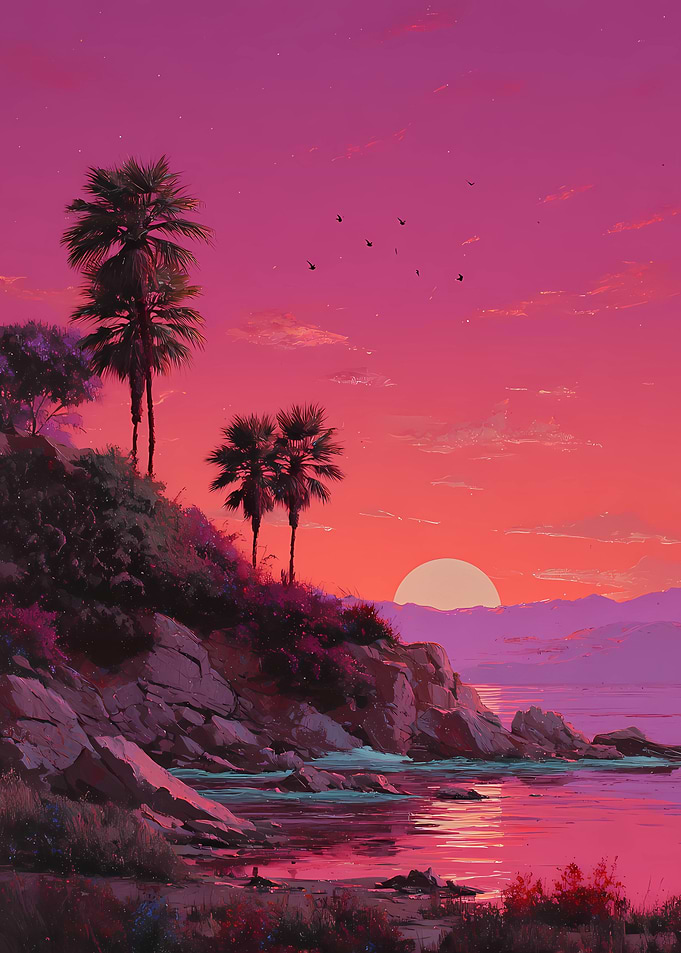 Pink Sunset Beach with Palm Trees