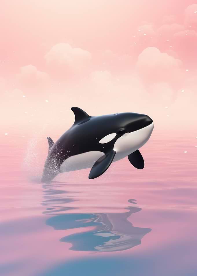 Orca breaching in pink sky