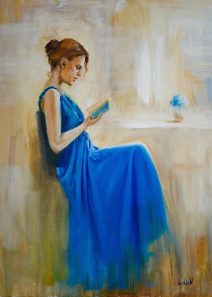 Woman in Blue Dress Reading