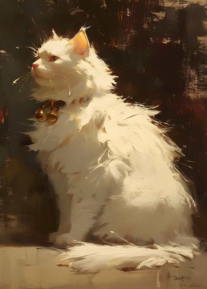 White Cat with Bells Painting