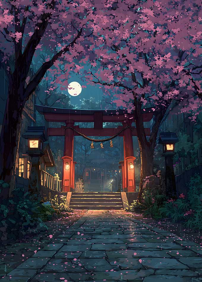 Japanese Shrine with Cherry Blossoms