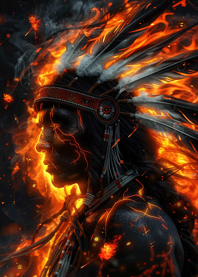 Native American Chief engulfed in flames