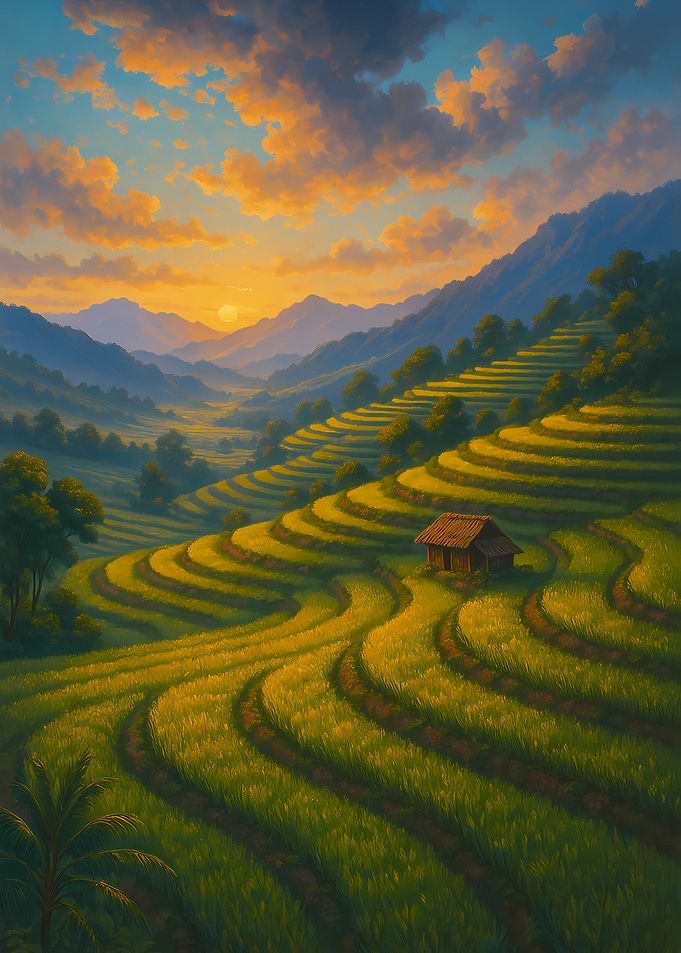 Terraced Rice Fields at Sunset