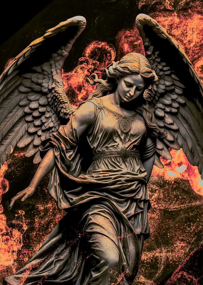 Angel Statue in Fiery Background