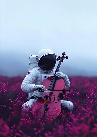 Astronaut playing cello in flower field