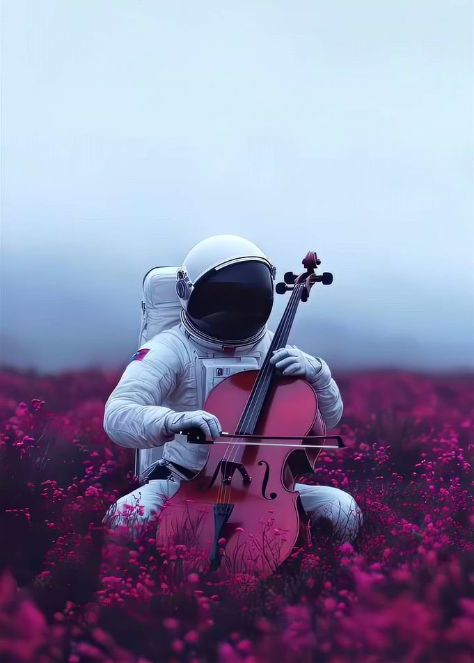 Astronaut playing cello in flower field