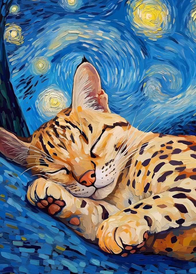 Sleeping Cat Starry Night Painting