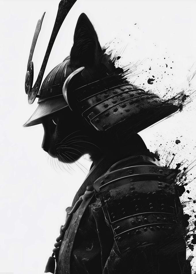 Samurai Cat Silhouette with Ink Splatter and Kabuto Helmet