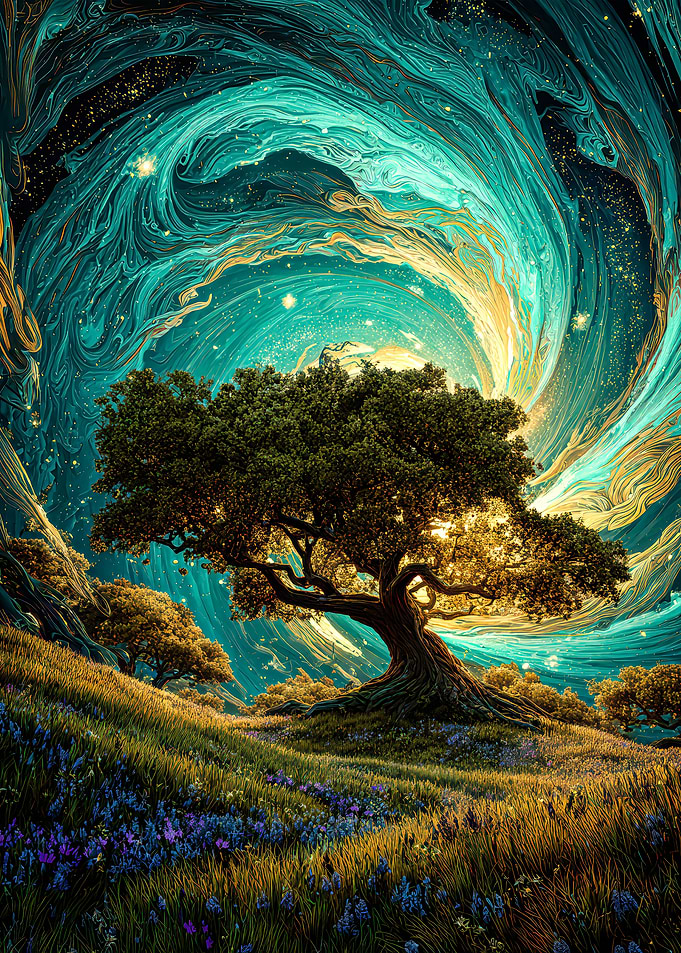 Mystical Tree Landscape with Swirling Sky