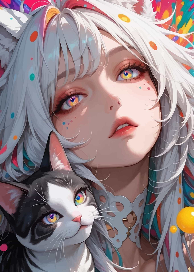Anime Girl with Cat and Colorful Accents